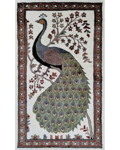 2x3 Feet Handmade Peacock Art Silk Rug White