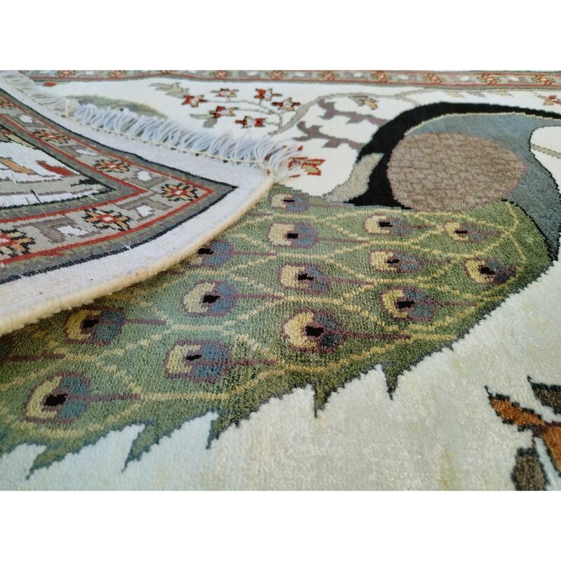 2x3 Feet Handmade Peacock Art Silk Rug White - Image 7