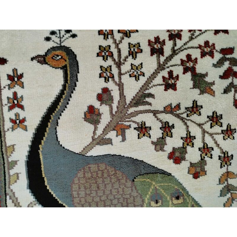 2x3 Feet Handmade Peacock Art Silk Rug White - Image 4