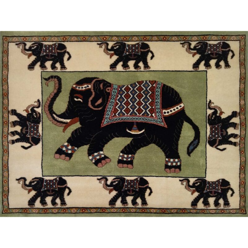 4x3 feet Hand Knotted Elephant Rug Green