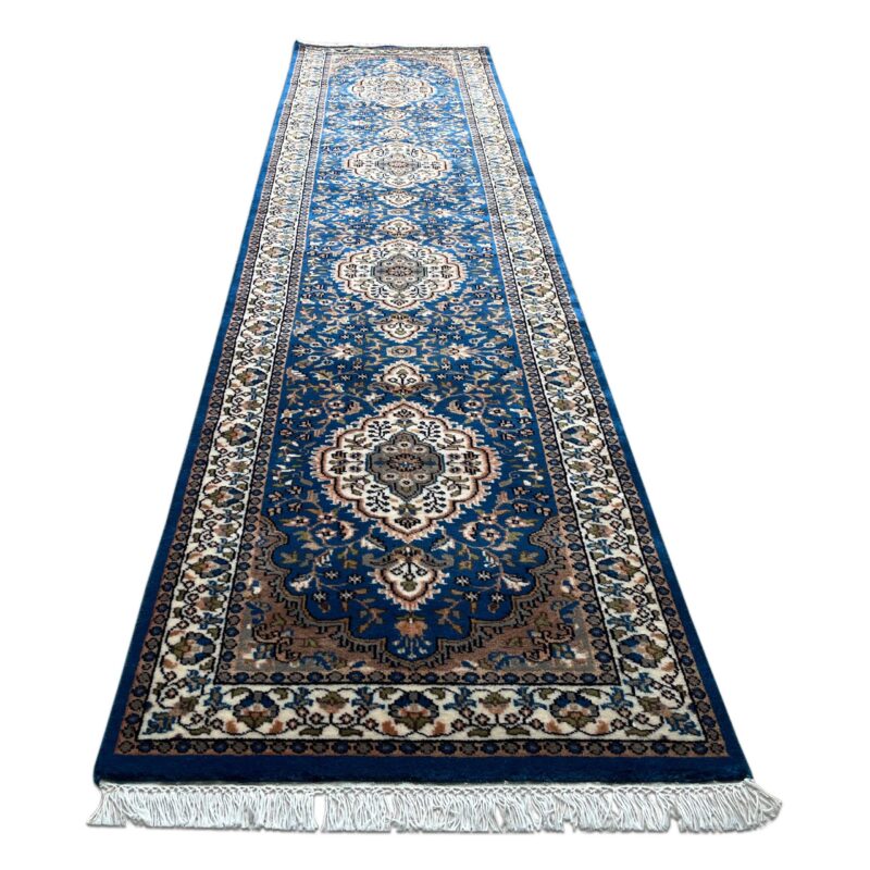 2.5x10 ft Hand Knotted Wool Runner Rug – Blue Indo-Persian Design | Long Hallway Carpet - Image 2