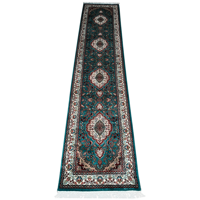 2.5x10 ft Hand Knotted Woolen Runner Rug Turquoise Indopersian - Image 2