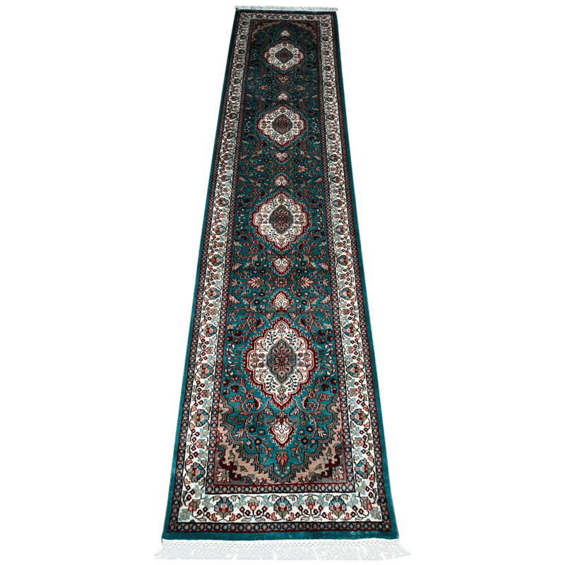 2.5x10 ft Hand Knotted Woolen Runner Rug Turquoise Indopersian - Image 2