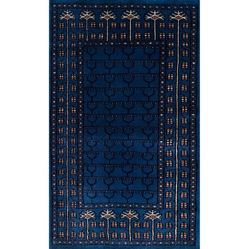 2x3 ft Hand Knotted Wool Rug Blue Parda