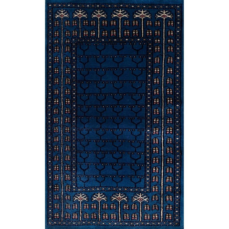 2x3 ft Hand Knotted Wool Rug Blue Parda