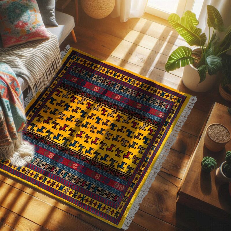 3x3 ft Hand Knotted Wool Rug – Yellow Bakri Design - Image 2