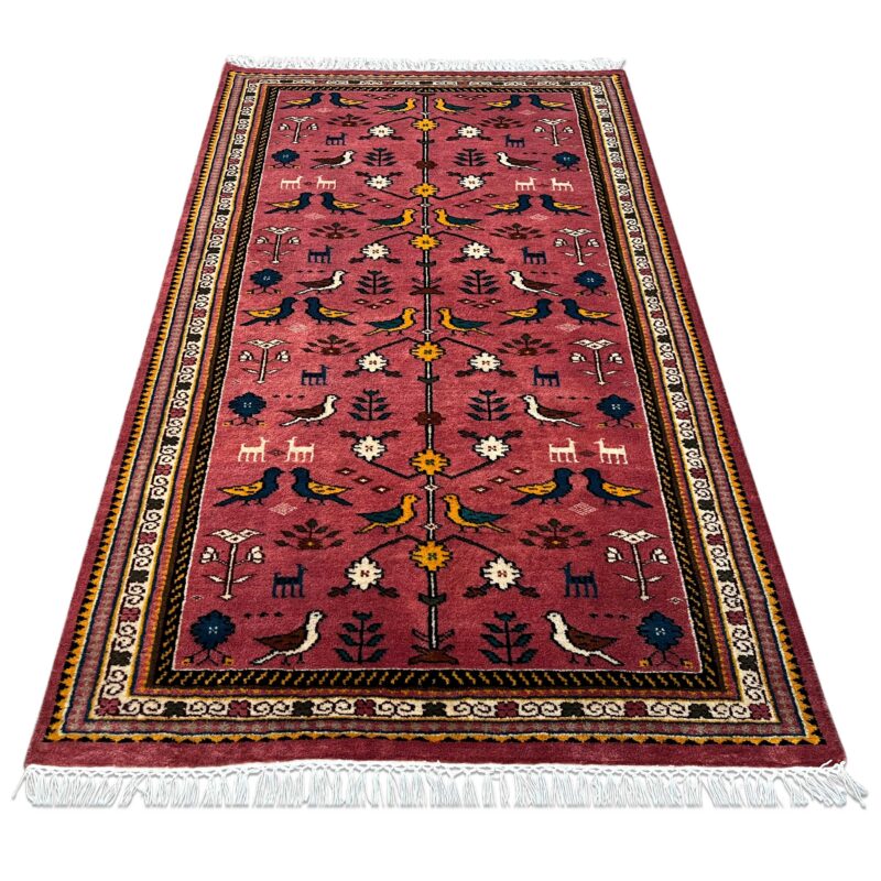 3x5 ft Hand Knotted Wool Rug – Pigeon Pink Tribal Design | Bird & Floral Motif Handmade Rug - Image 5