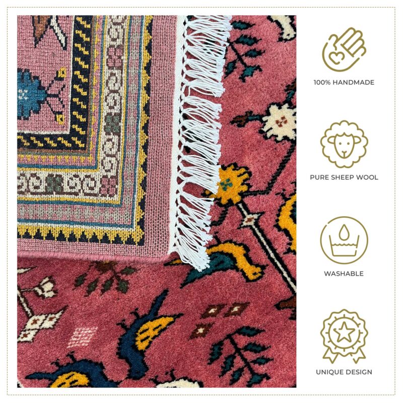 3x5 ft Hand Knotted Wool Rug – Pigeon Pink Tribal Design | Bird & Floral Motif Handmade Rug - Image 3