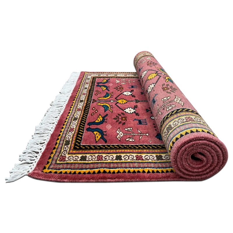 3x5 ft Hand Knotted Wool Rug – Pigeon Pink Tribal Design | Bird & Floral Motif Handmade Rug - Image 2