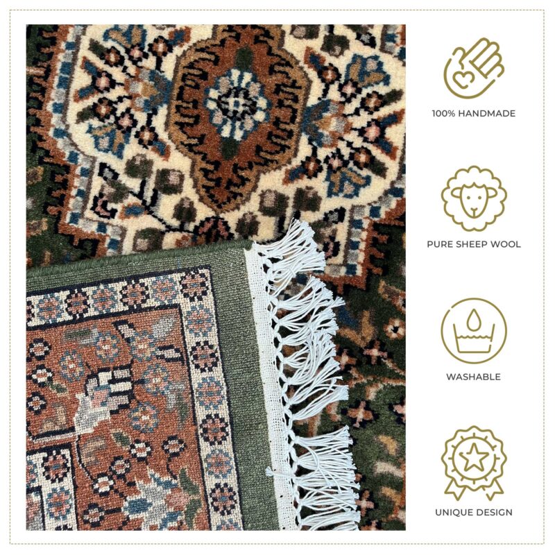 3x5 ft Hand Knotted Wool Rug – Green Indo-Persian Medallion | Traditional Oriental Area Rug - Image 4