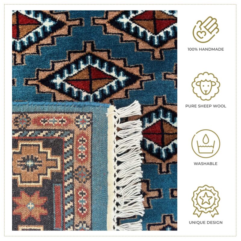 4x6 ft Hand Knotted Wool Rug Blue Diamond - Image 3