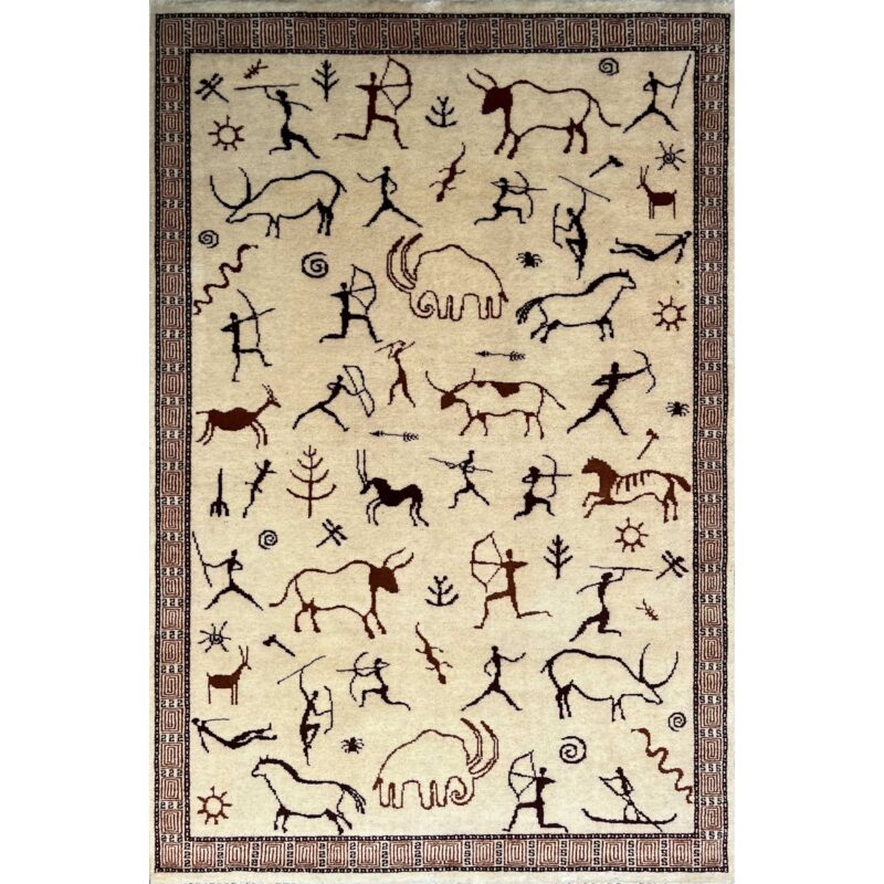 4x6 ft Hand Knotted Wool Rug White Trib Hunt