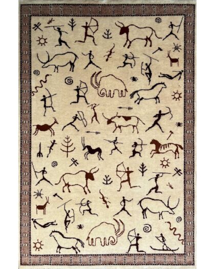 4x6 ft Hand Knotted Wool Rug White Trib Hunt