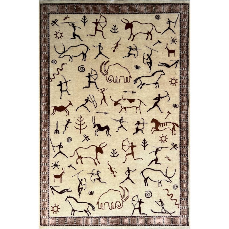 4x6 ft Hand Knotted Wool Rug White Trib Hunt