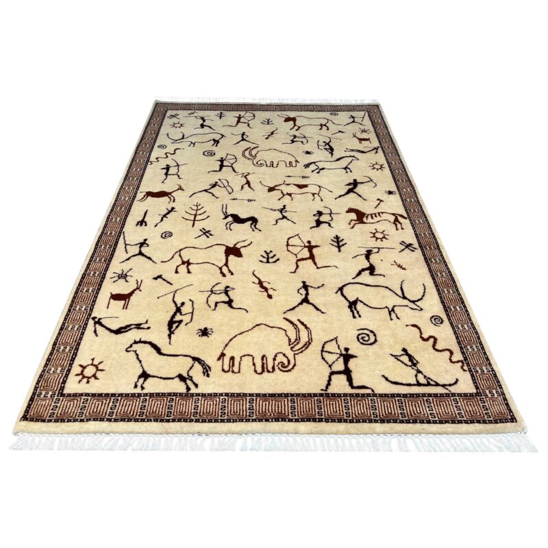 4x6 ft Hand Knotted Wool Rug White Trib Hunt - Image 6
