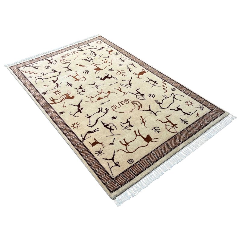 4x6 ft Hand Knotted Wool Rug White Trib Hunt - Image 5