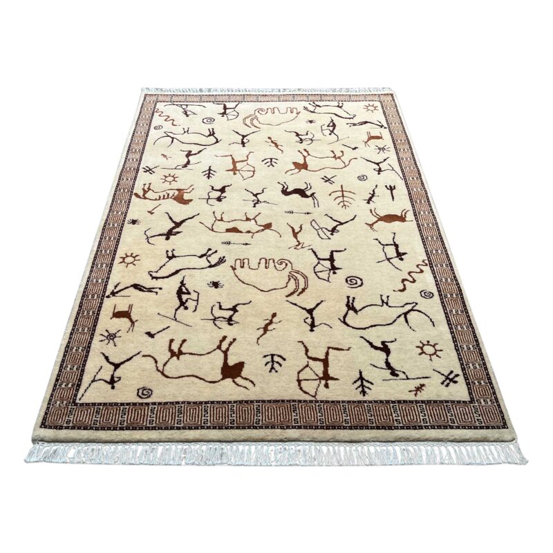 4x6 ft Hand Knotted Wool Rug White Trib Hunt - Image 4