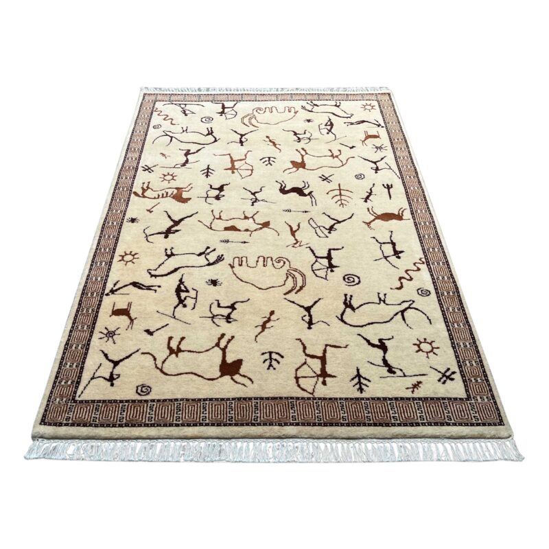 4x6 ft Hand Knotted Wool Rug White Trib Hunt - Image 4