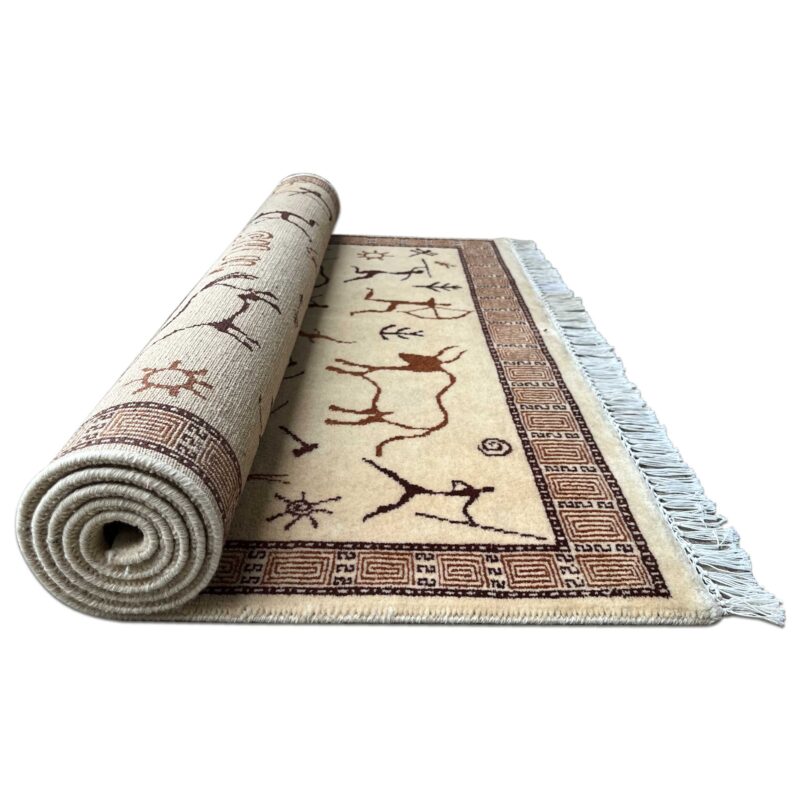 4x6 ft Hand Knotted Wool Rug White Trib Hunt - Image 2
