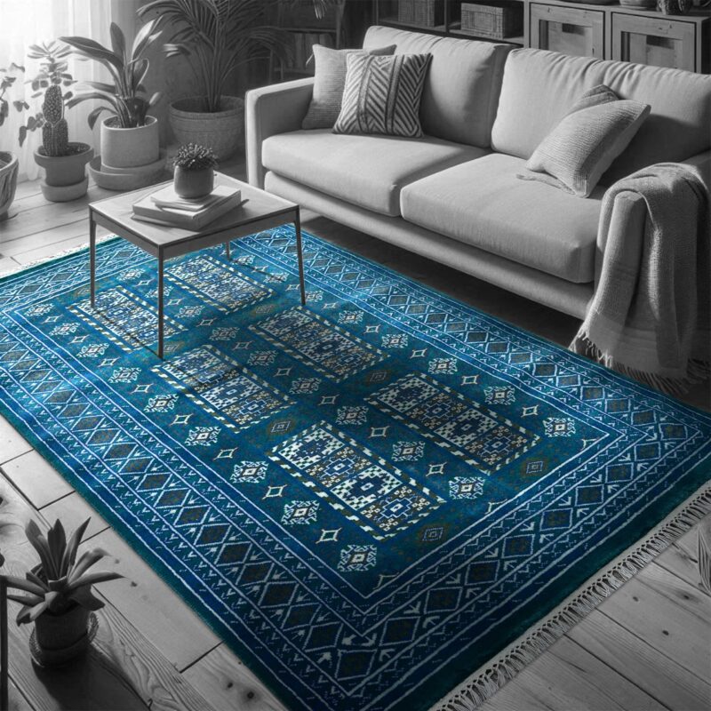4x6 ft Handmade Knotted Wool Rug Blue Dubba Tribal - Image 2