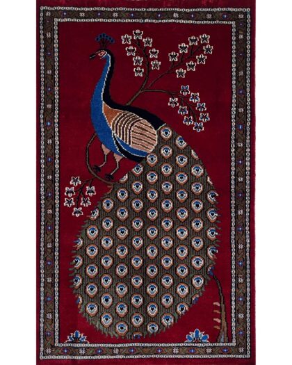 25x4 Handmade Hand Knotted Wool Rug Peacock Red