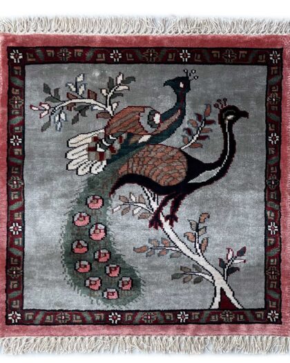 2x2 feet Handmade Rug Peacock and Peahen Gray Traditional