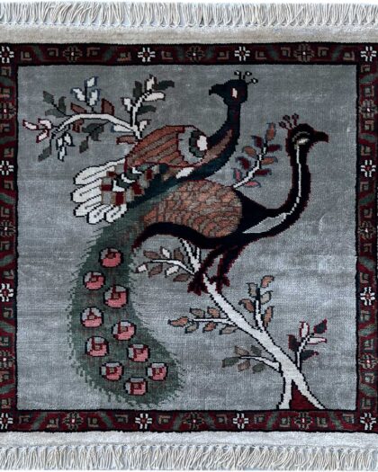 2x2 feet Handmade Rug Peacock and Peahen Gray Luxury