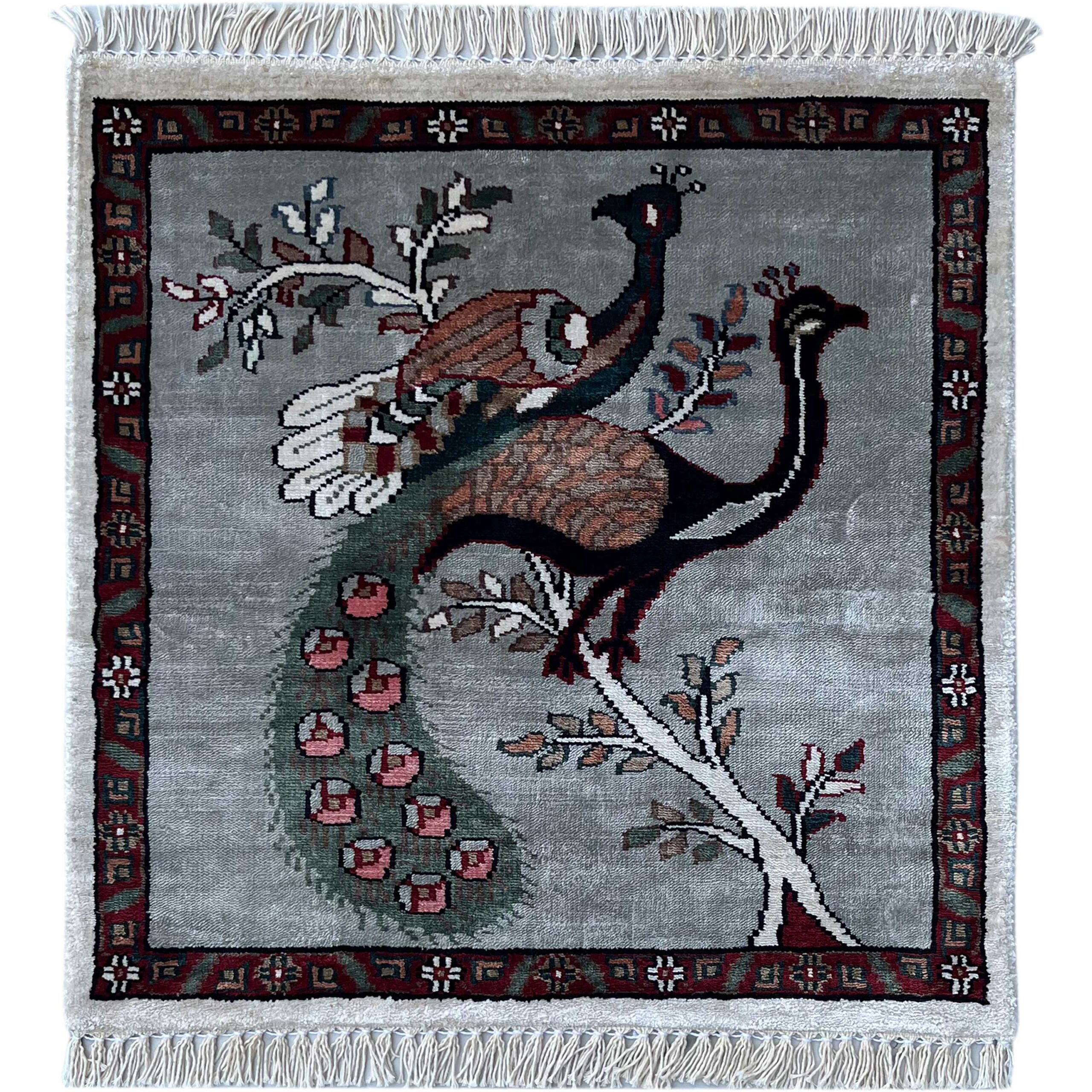 2x2 feet Handmade Rug Peacock and Peahen Gray Luxury