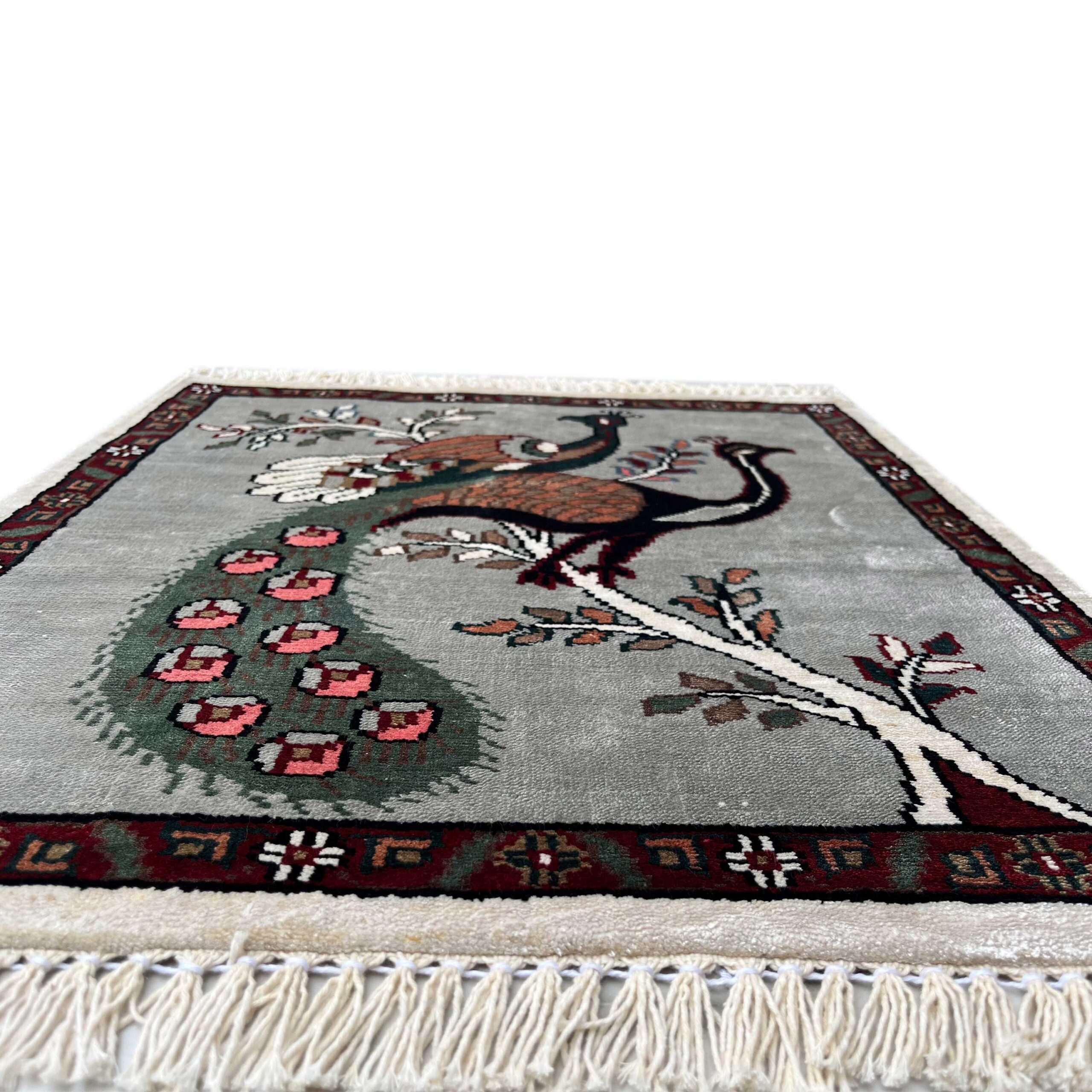 2x2 feet Handmade Rug Peacock and Peahen Gray Luxury - Image 3
