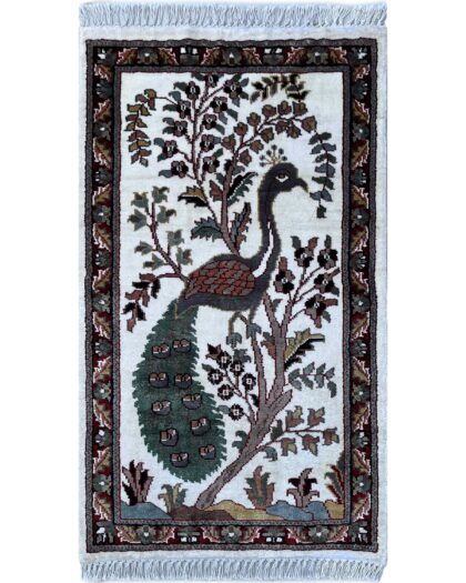 2x3 feet Handmade Rug Peacock White