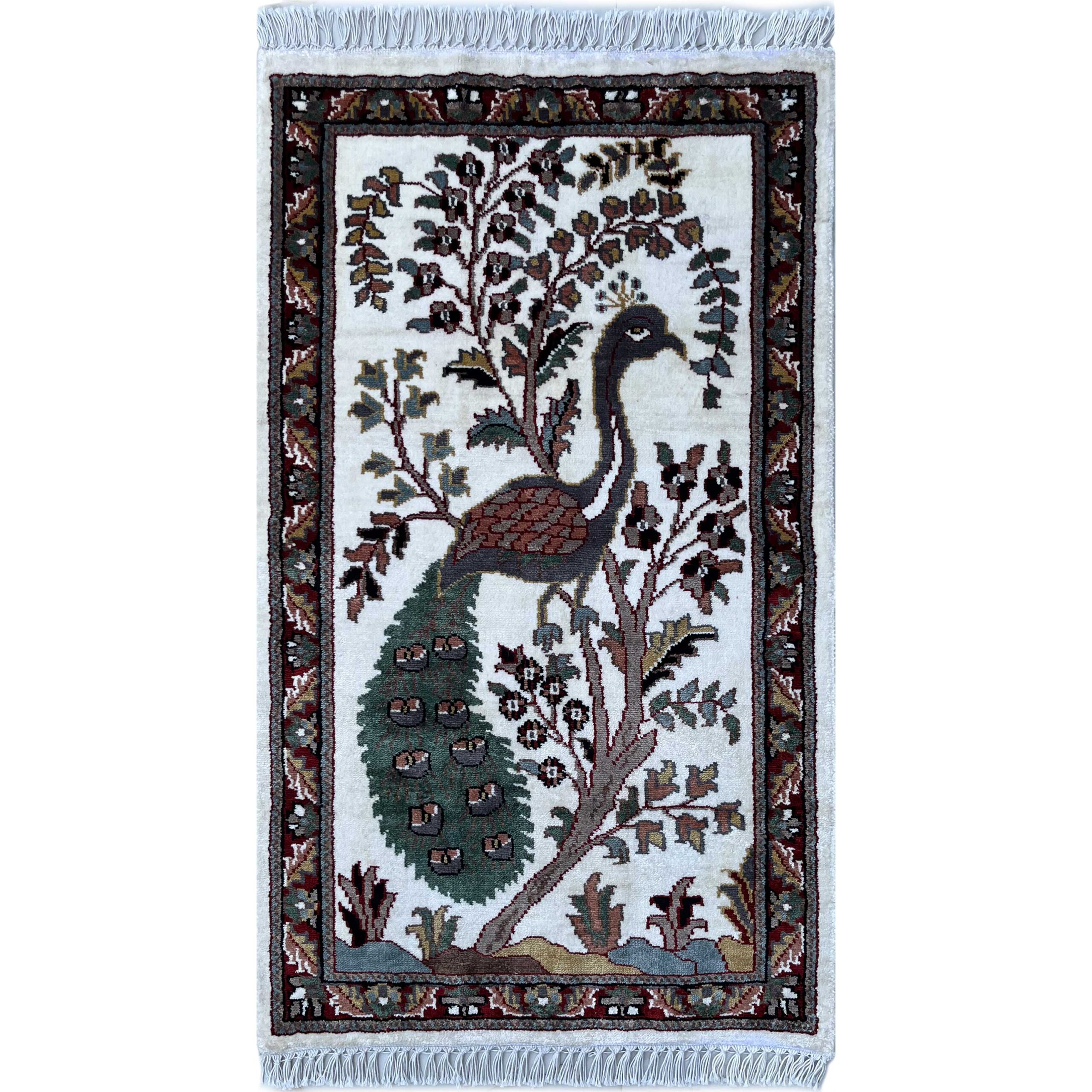 2x3 feet Handmade Rug Peacock White