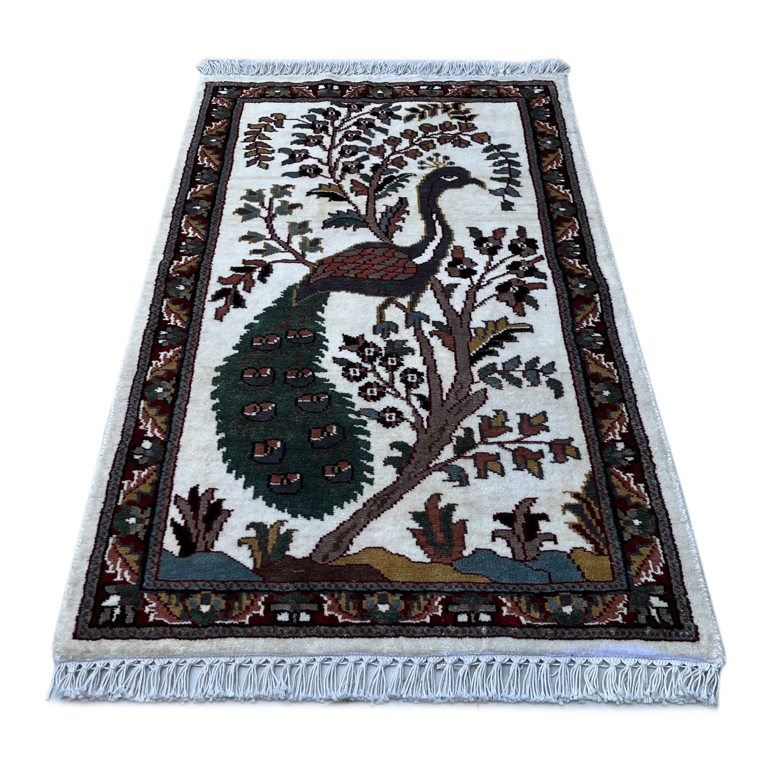 2x3 feet Handmade Rug Peacock White - Image 2