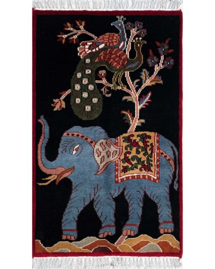 2x3 ft Hand-knotted Woolen Rug Elephant Peacock Black