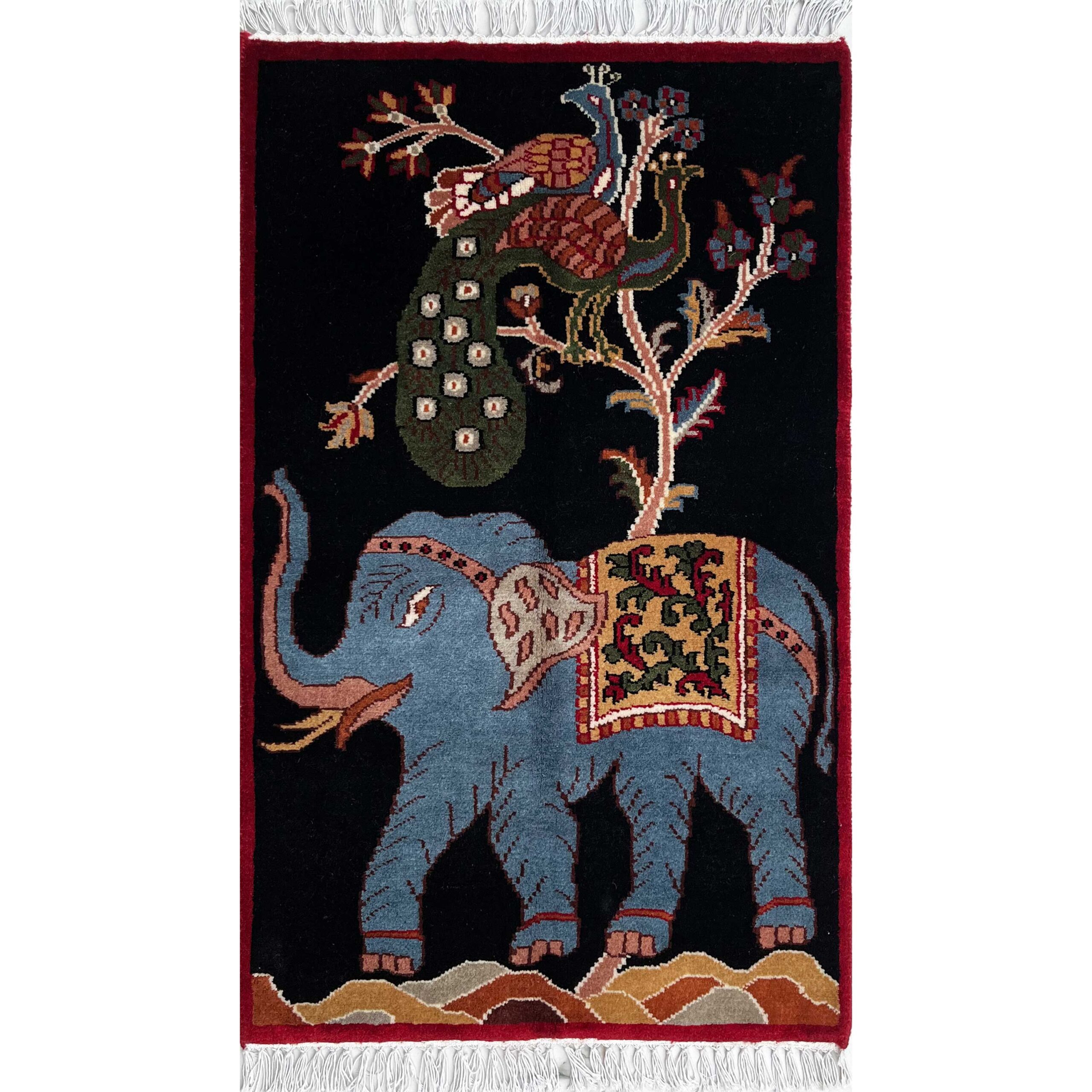 2x3 ft Hand-knotted Woolen Rug Elephant Peacock Black