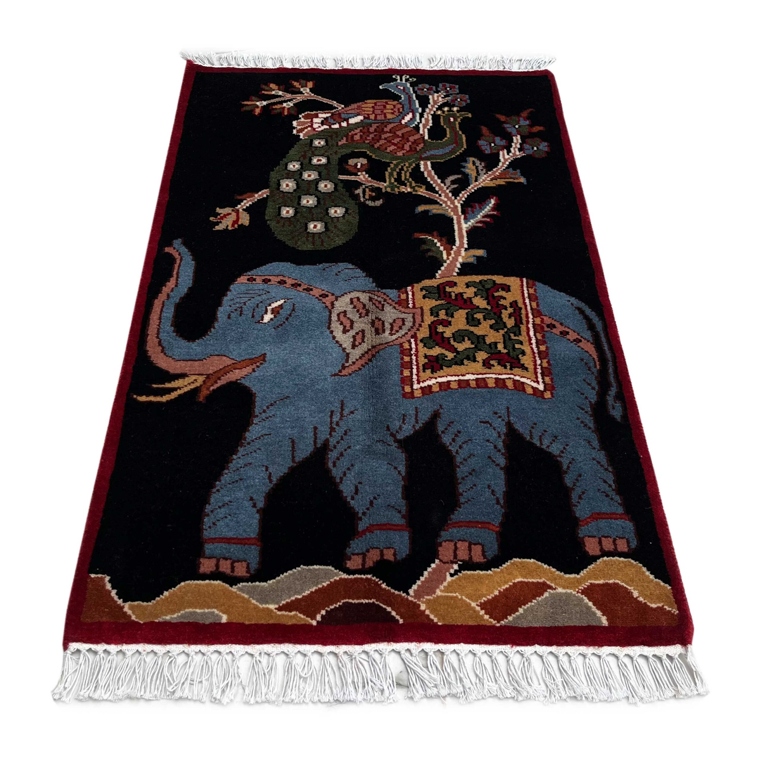 2x3 ft Hand-knotted Woolen Rug Elephant Peacock Black - Image 2