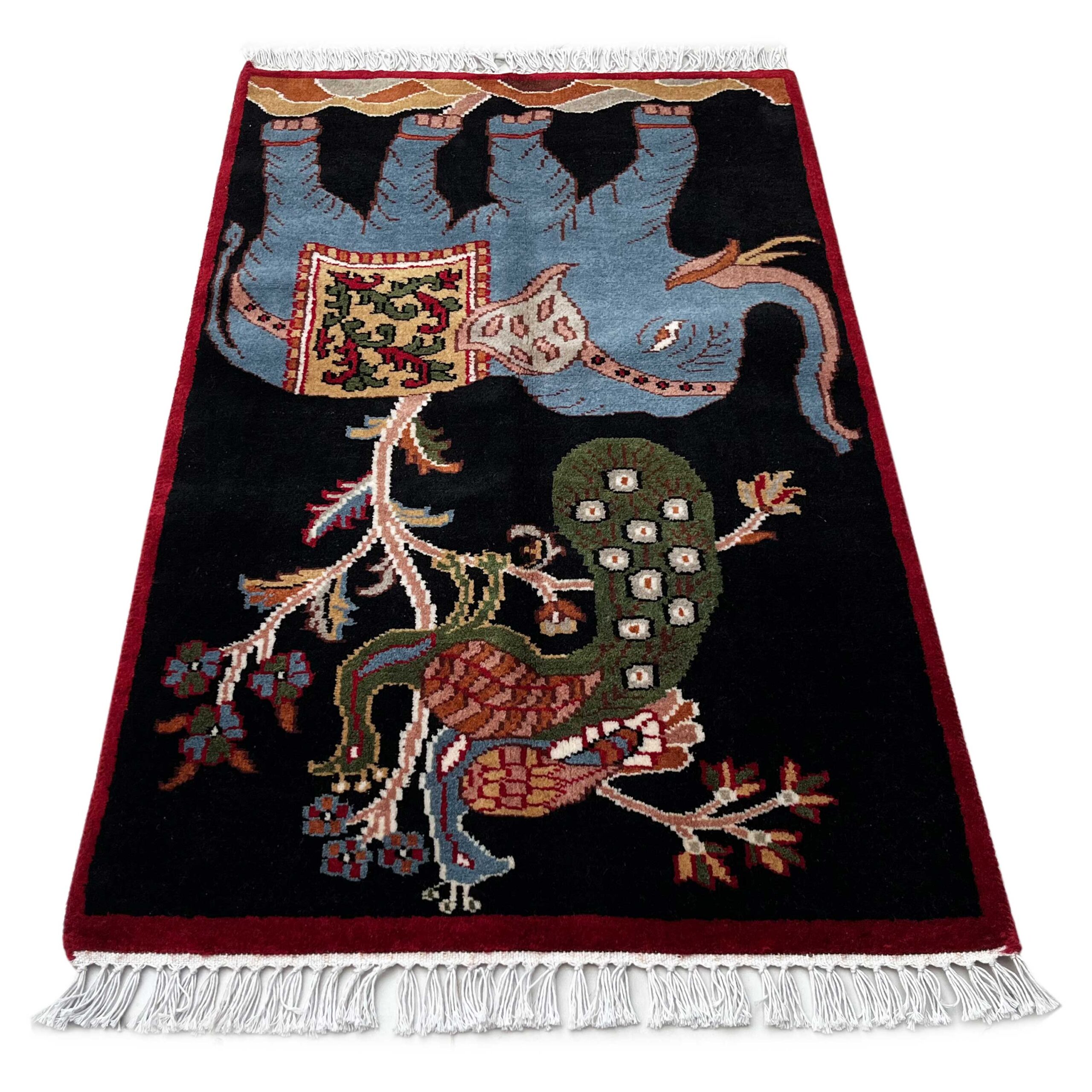 2x3 ft Hand-knotted Woolen Rug Elephant Peacock Black - Image 5