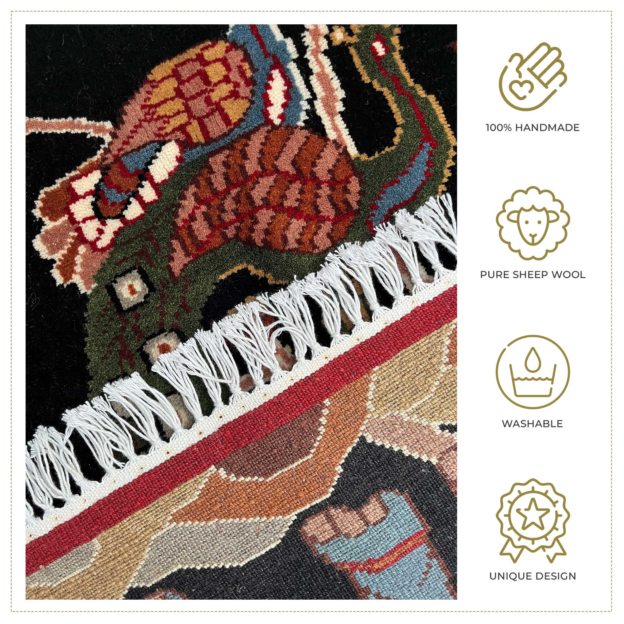 2x3 ft Hand-knotted Woolen Rug Elephant Peacock Black - Image 4