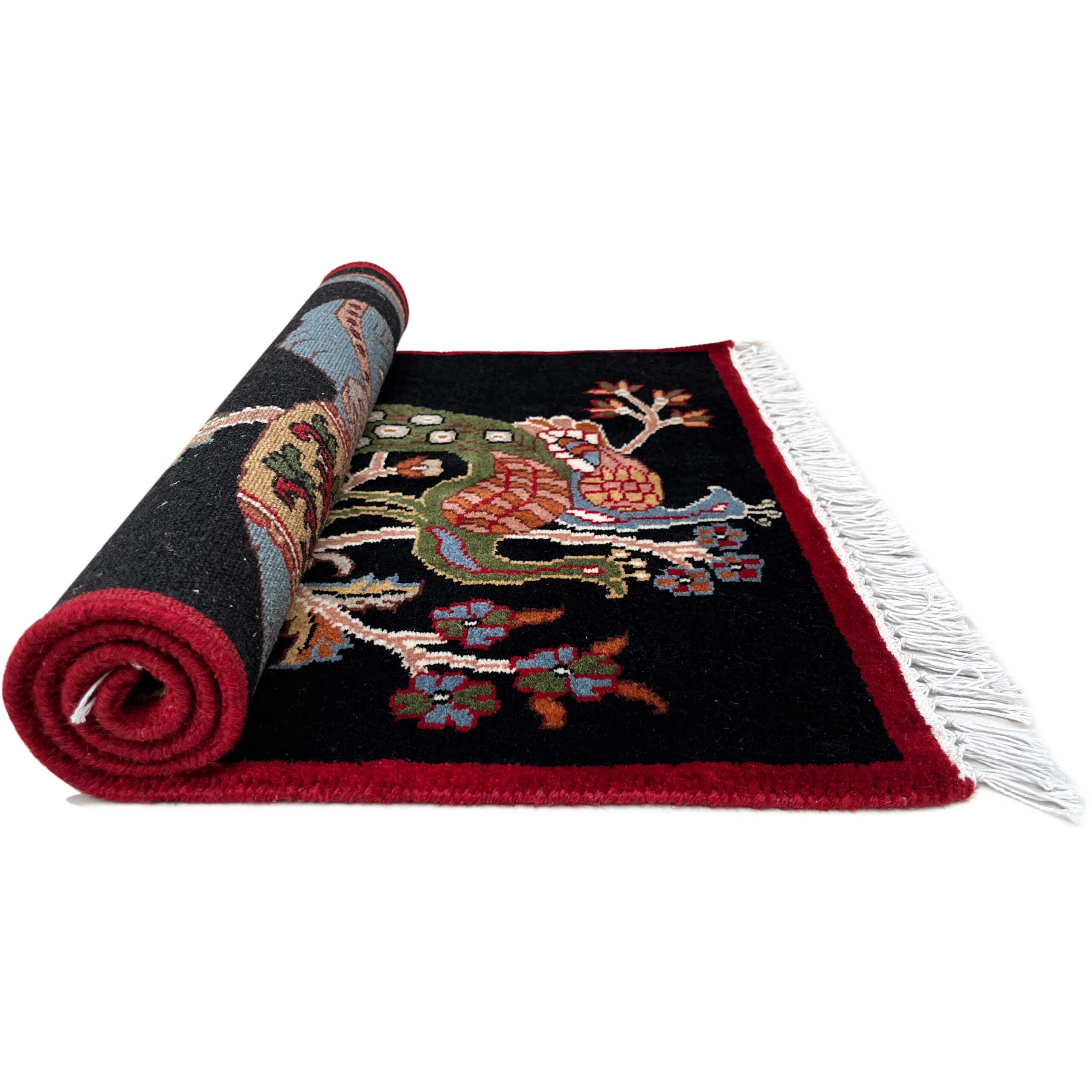 2x3 ft Hand-knotted Woolen Rug Elephant Peacock Black - Image 3
