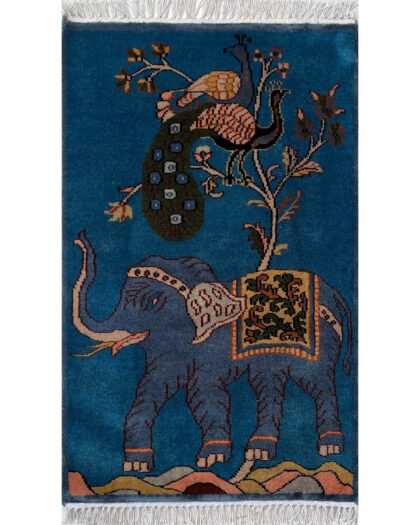 2x3 ft Hand-knotted Woolen Rug Elephant Peacock Blue