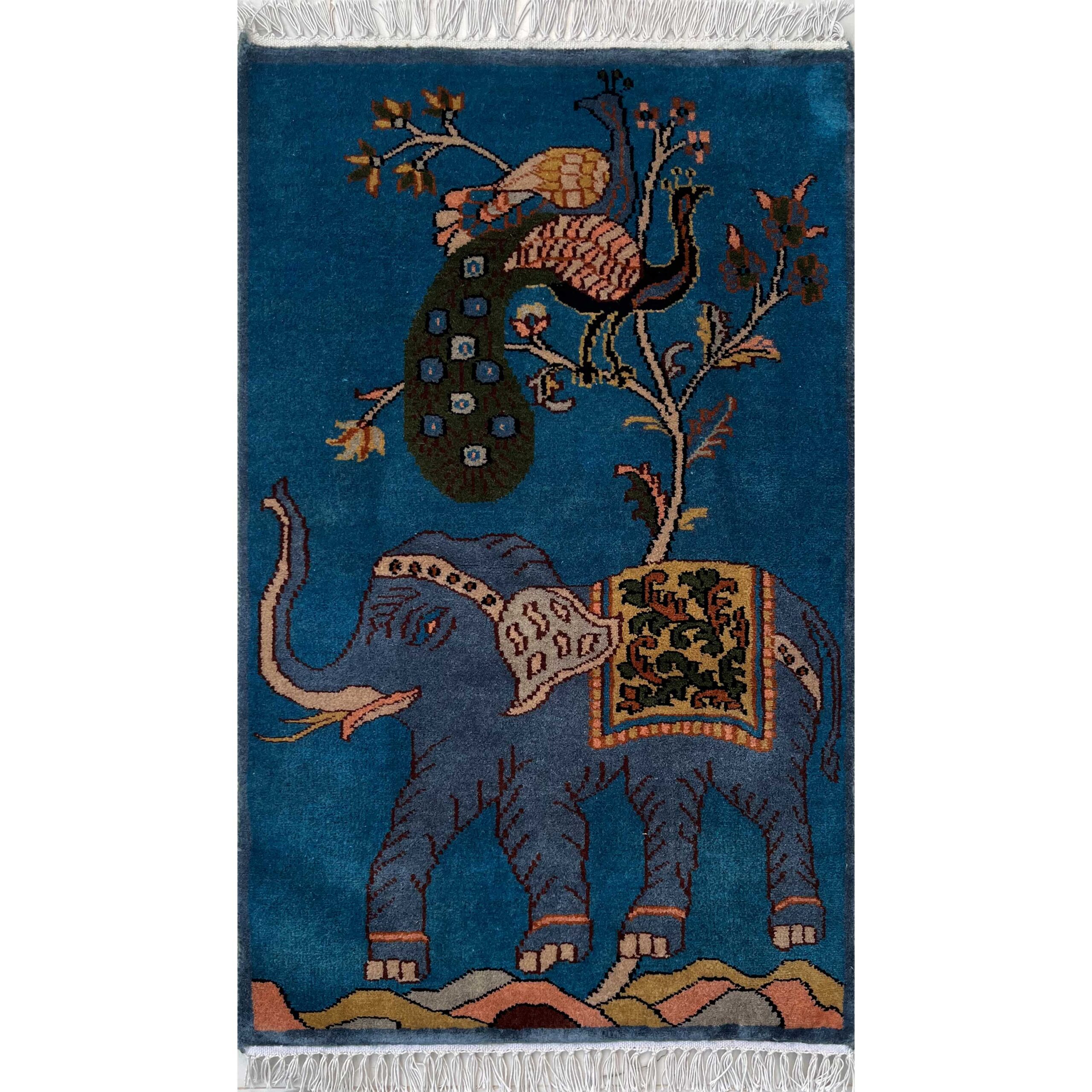 2x3 ft Hand-knotted Woolen Rug Elephant Peacock Blue