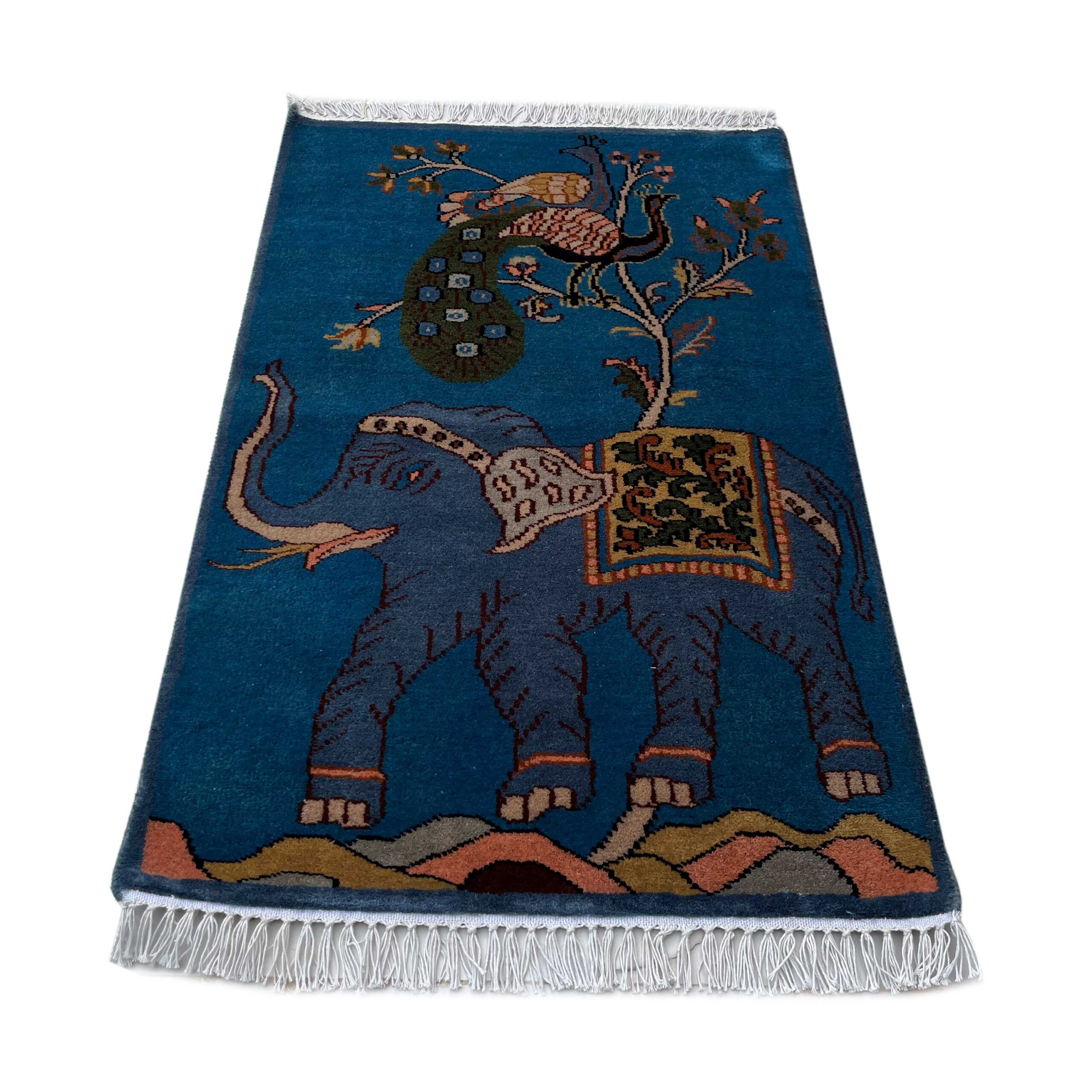 2x3 ft Hand-knotted Woolen Rug Elephant Peacock Blue - Image 2