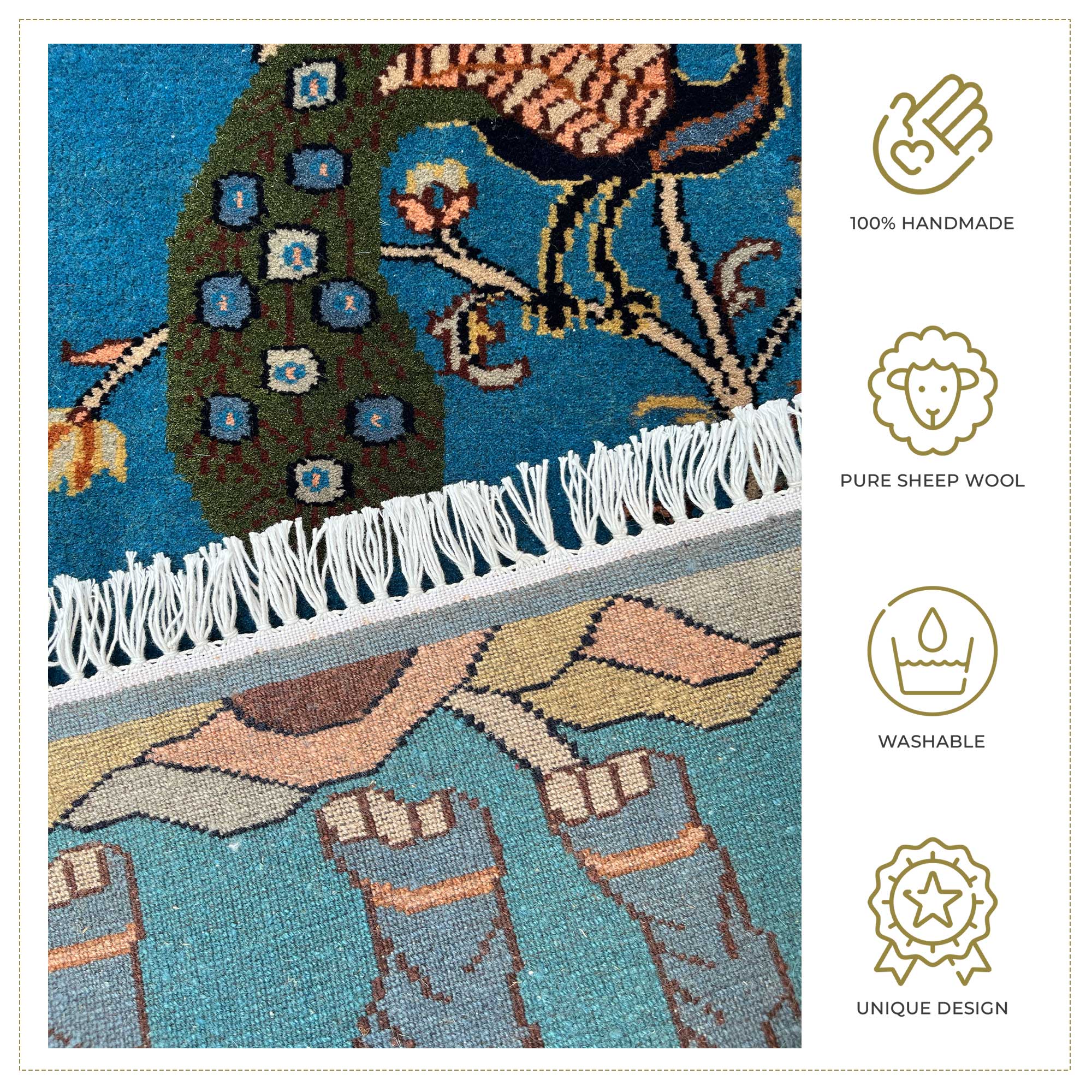 2x3 ft Hand-knotted Woolen Rug Elephant Peacock Blue - Image 4