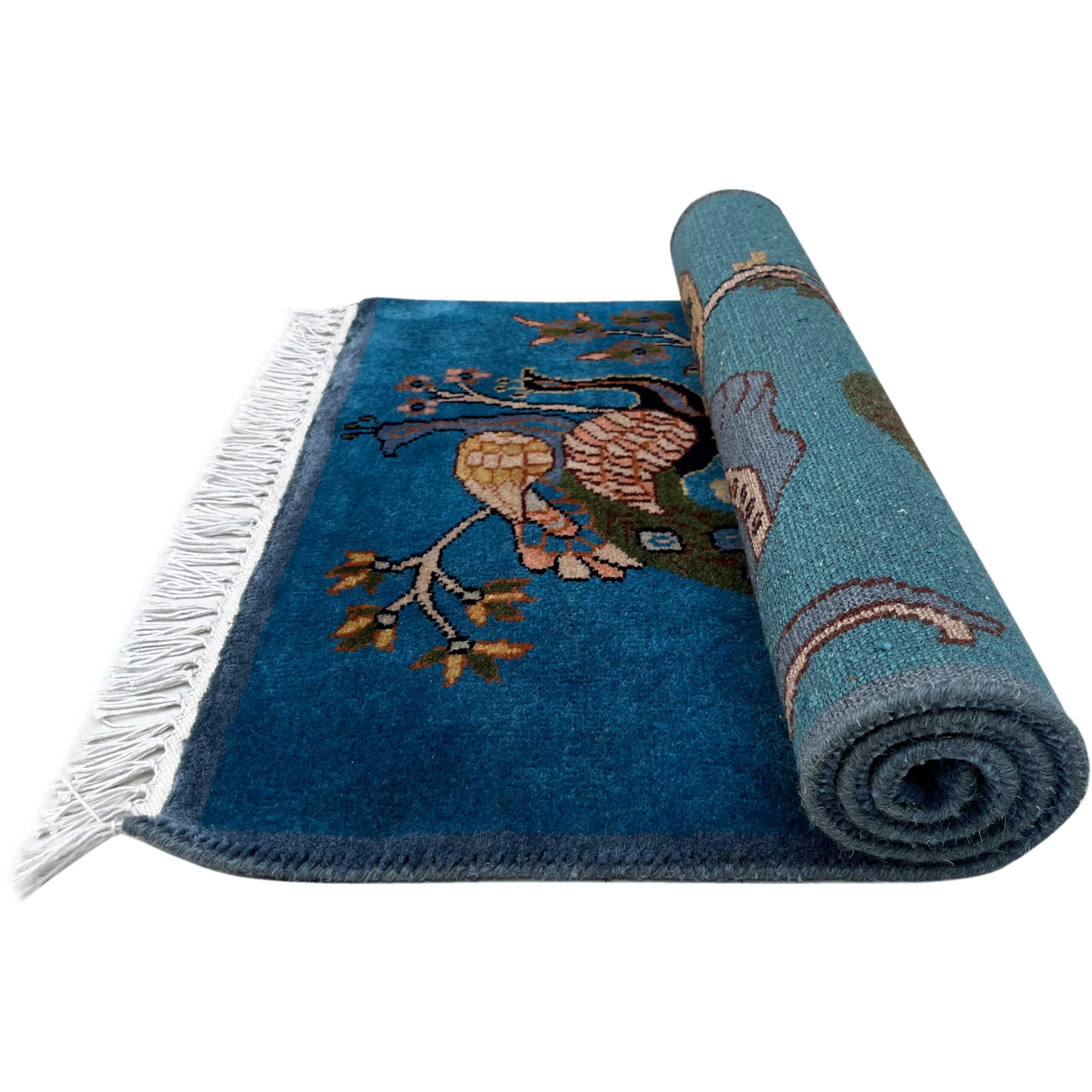 2x3 ft Hand-knotted Woolen Rug Elephant Peacock Blue - Image 3