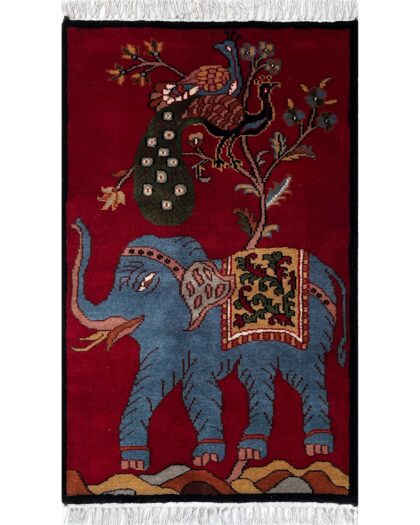 2x3 ft Hand-knotted Woolen Rug Elephant Peacock Red