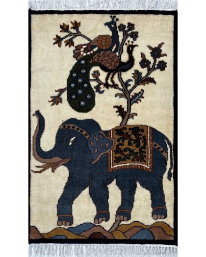2x3 ft Hand-knotted Woolen Rug Elephant Peacock White