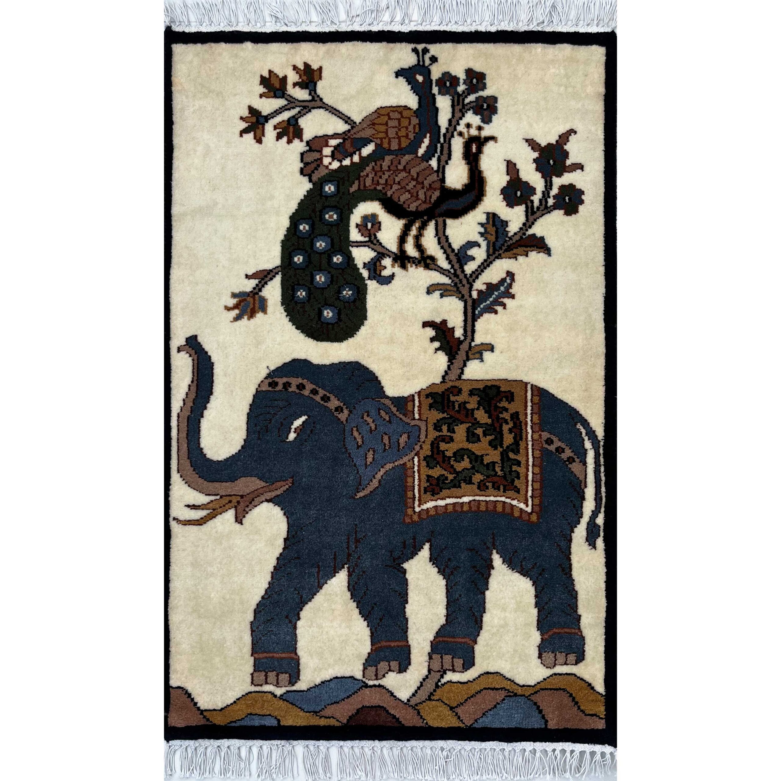 2x3 ft Hand-knotted Woolen Rug Elephant Peacock White