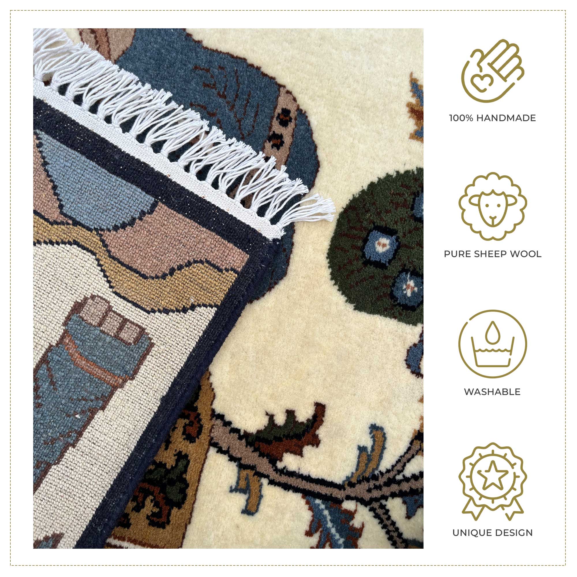 2x3 ft Hand-knotted Woolen Rug Elephant Peacock White - Image 4