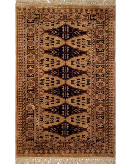 Handmade Hand-Knotted Wool Area Rug, Camel, Tribal Bokhara Style with Fringe, 2.5x4 ft