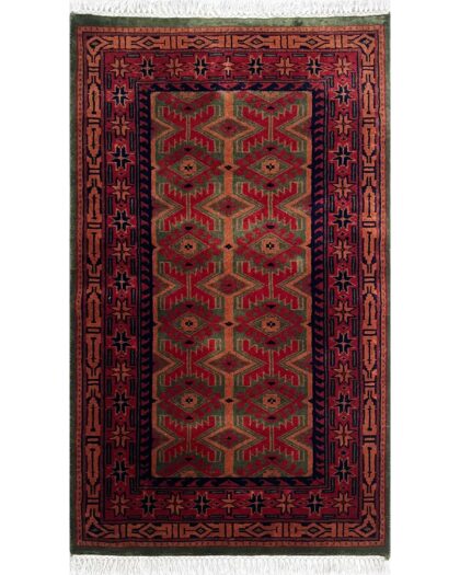 Handmade Tribal Kangura Wool Area Rug, Green and Red, 2.5x4 ft, Hand Knotted