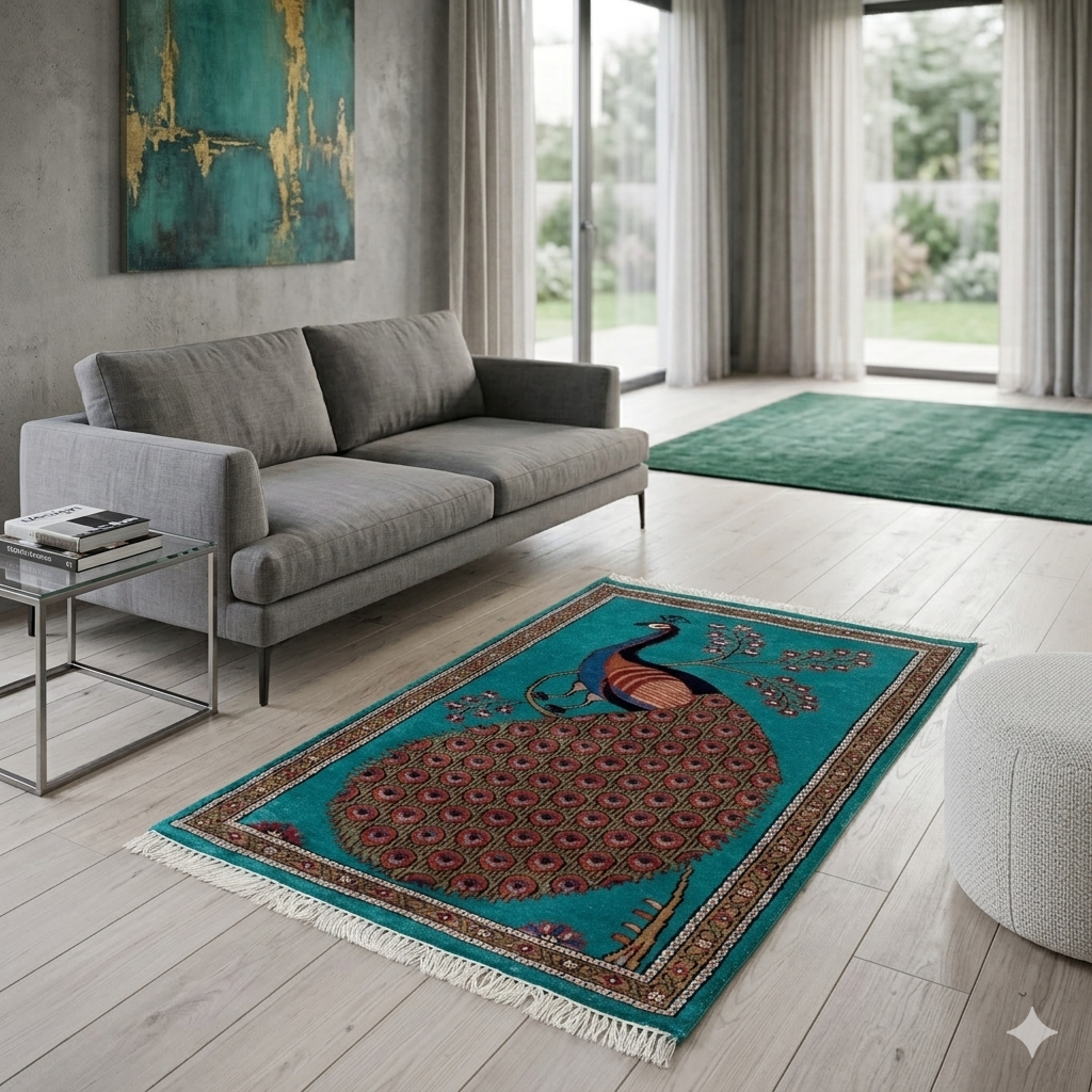 Hand Knotted Wool Area Rug, Teal, 2.5x4 Ft, Peacock Design, with Floral Border - Image 2